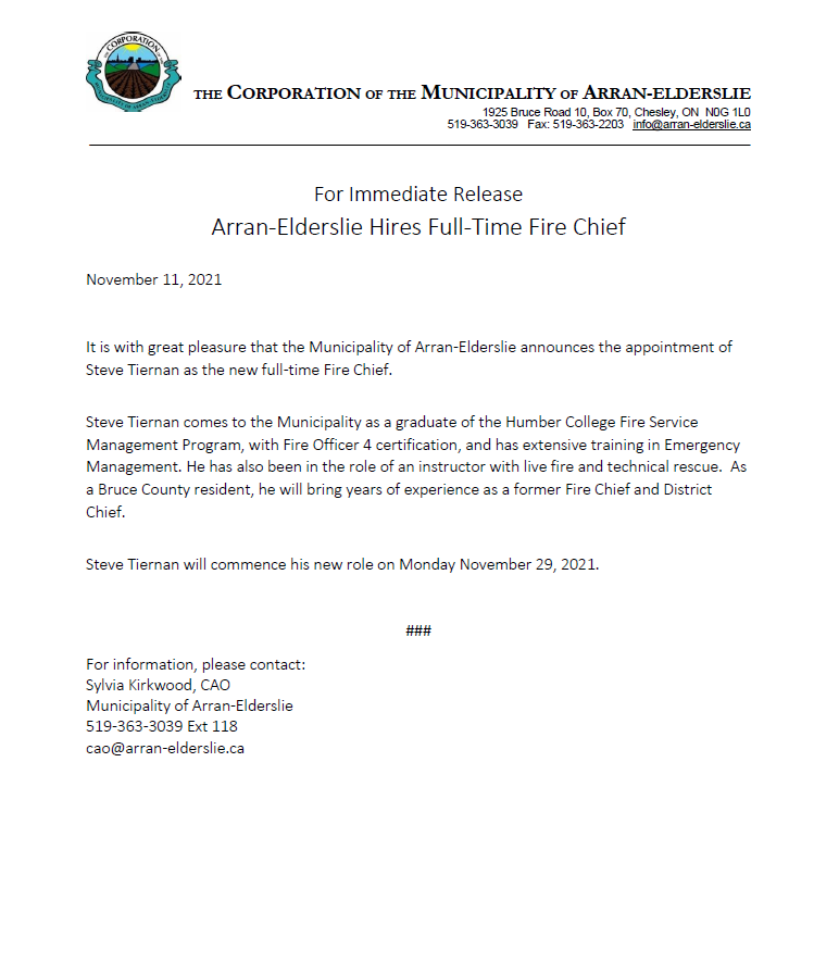 Full- Time Fire Chief Media Release
