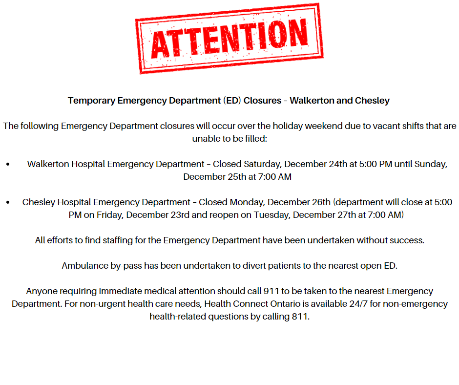 Temporary Emergency Department (ED) Closures – Walkerton and Chesley