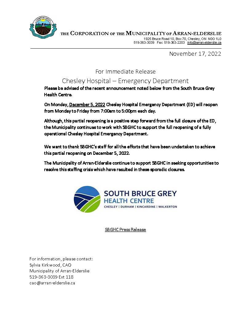 Chesley Emergency Department News Release 