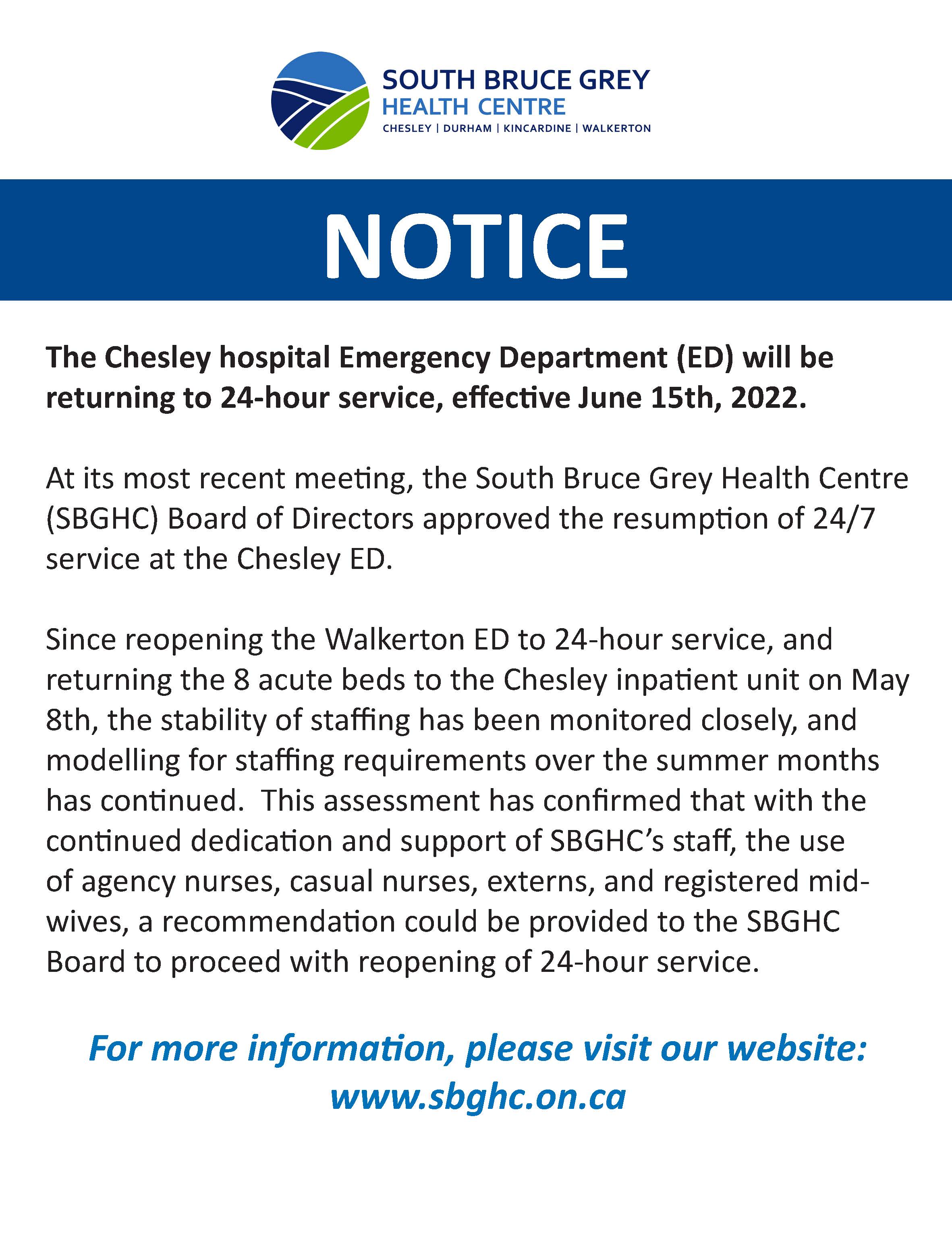 Chesley Emergency Room Notice
