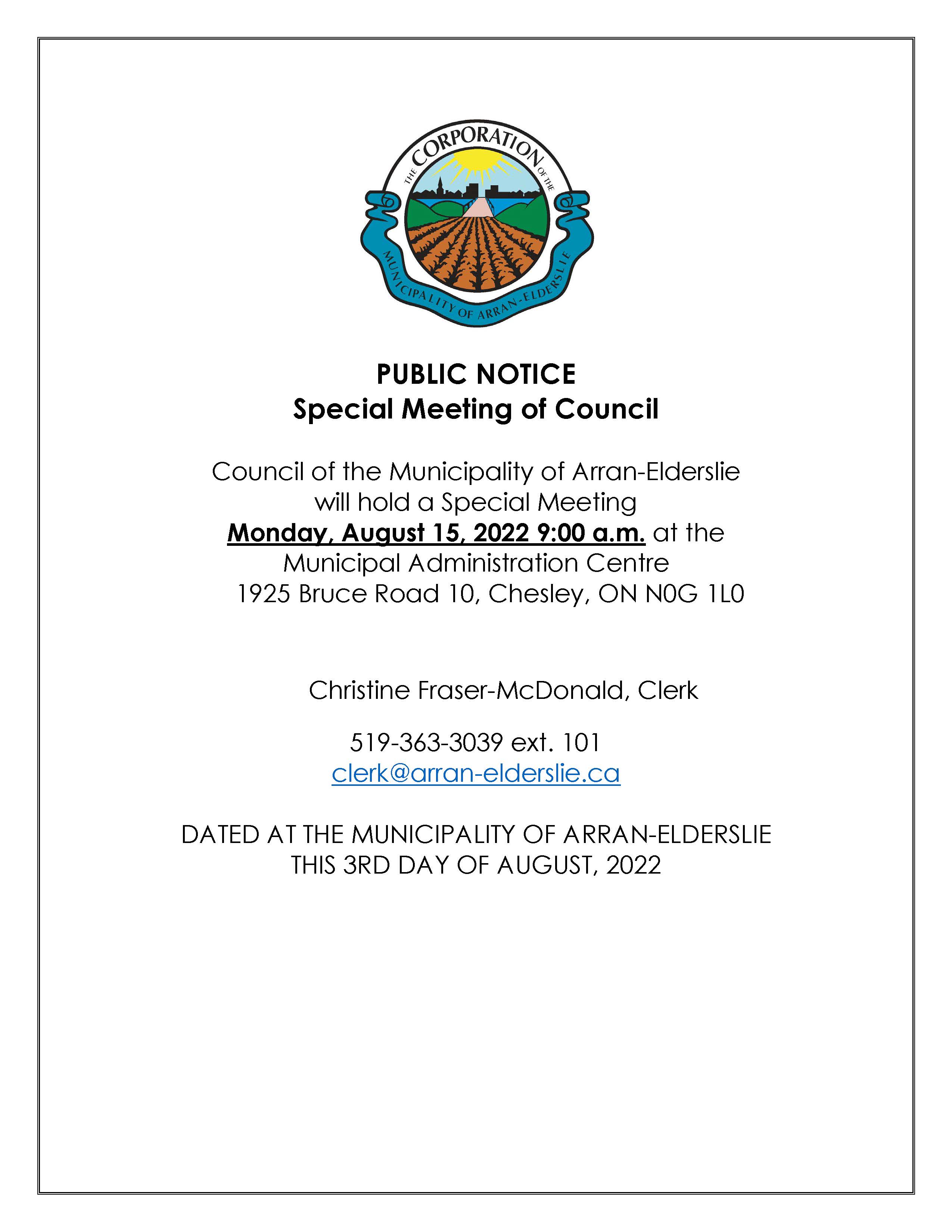 August 15 2022 Special Council Meeting Notice 