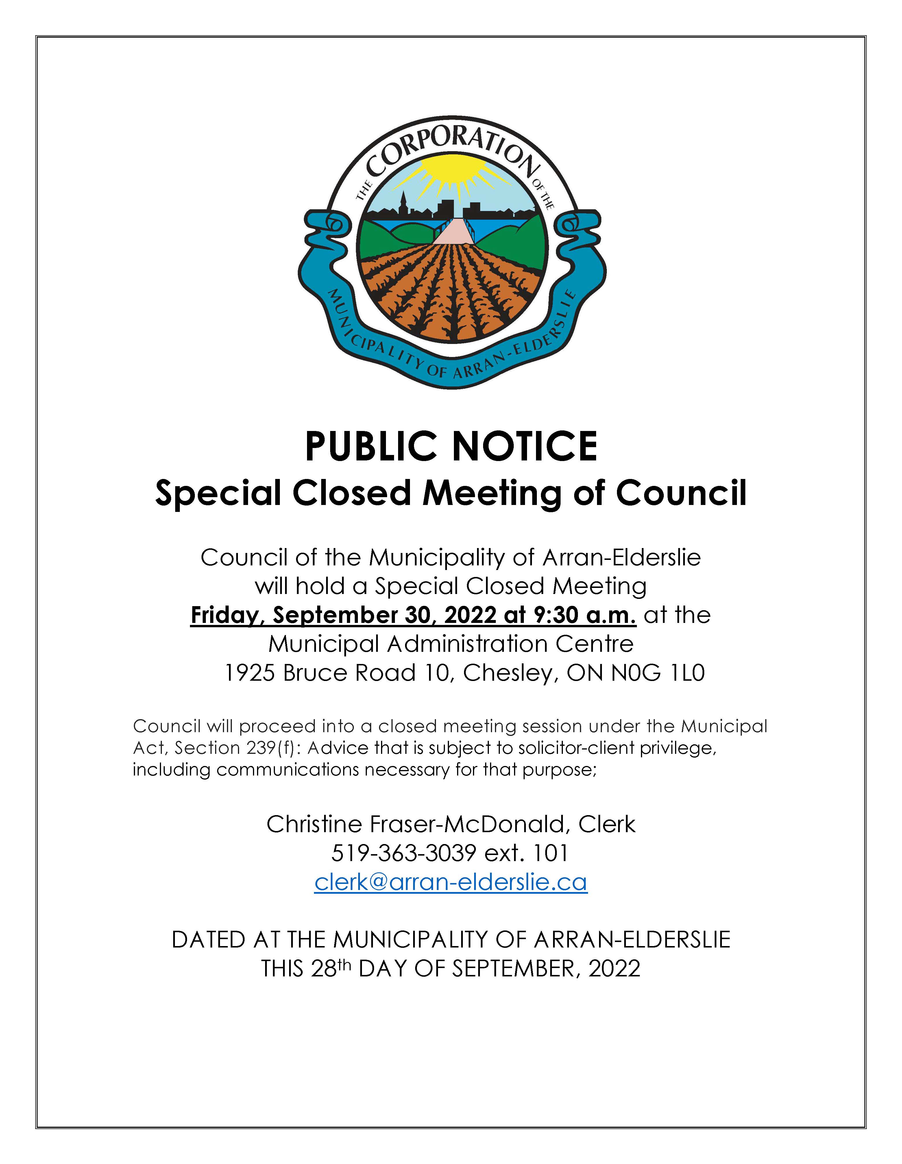 Special Closed Council Session Sept 30 2022