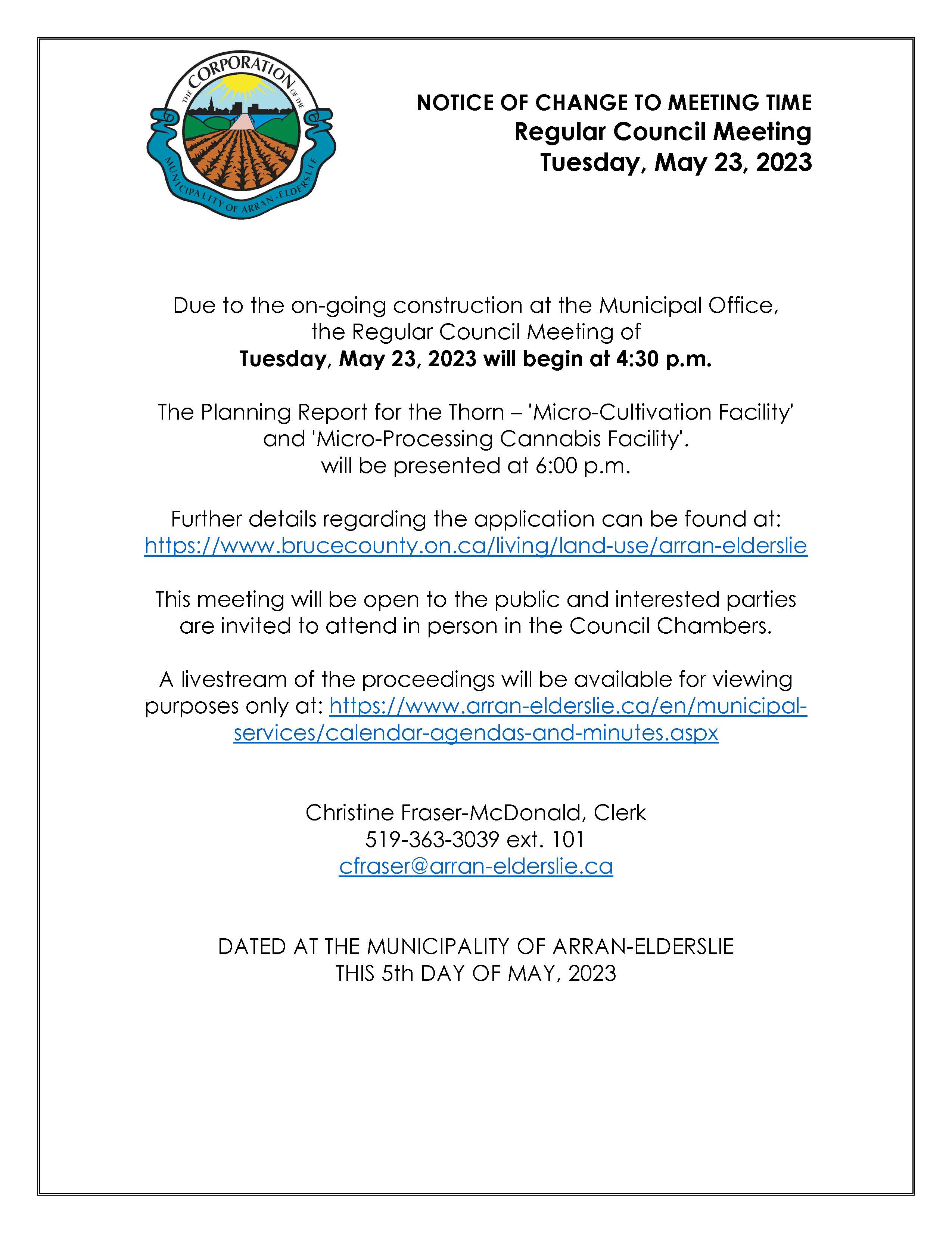 Notice of Time Change for May 23 Council Meeting 