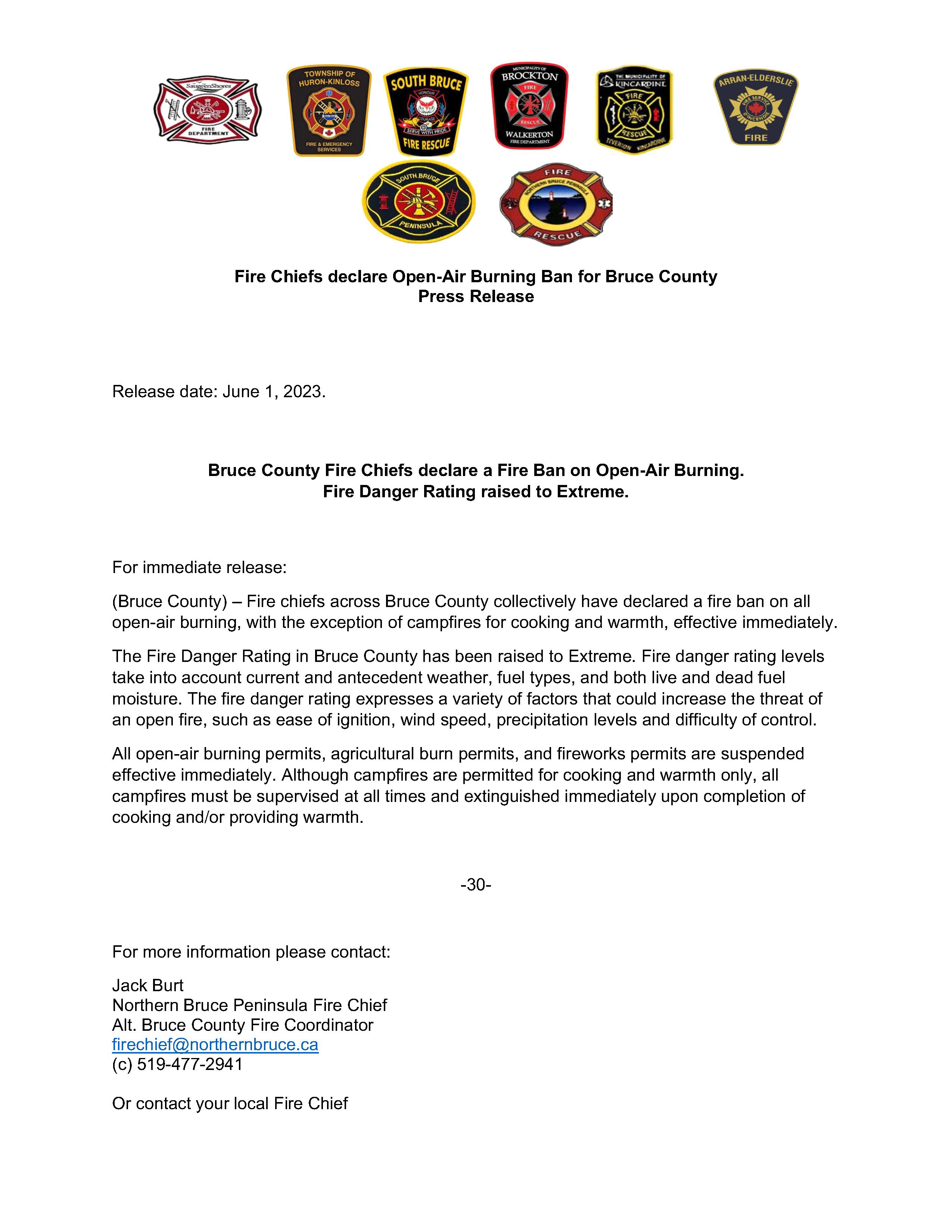 Bruce County Fire ban Press Release 