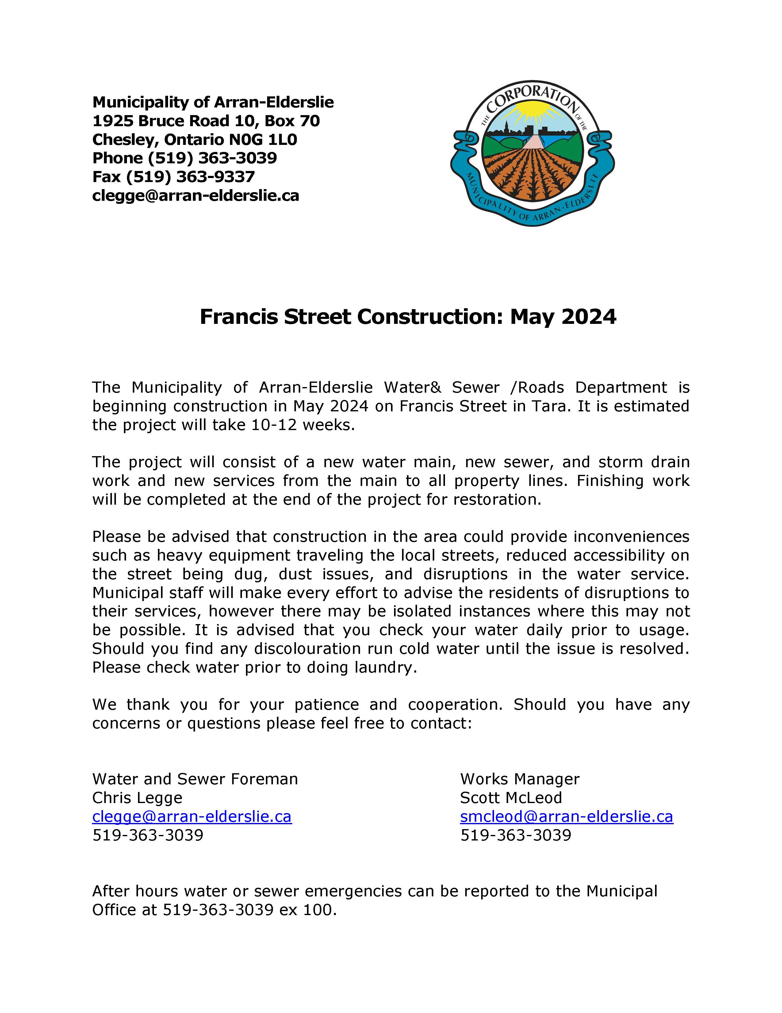 Francis Street Construction Notice 