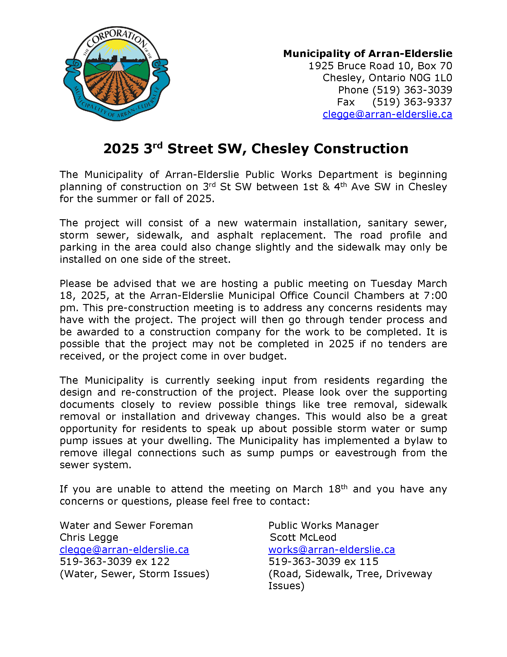 Notice of Public Meeting - 2025 3rd Street SW, Chesley Construction