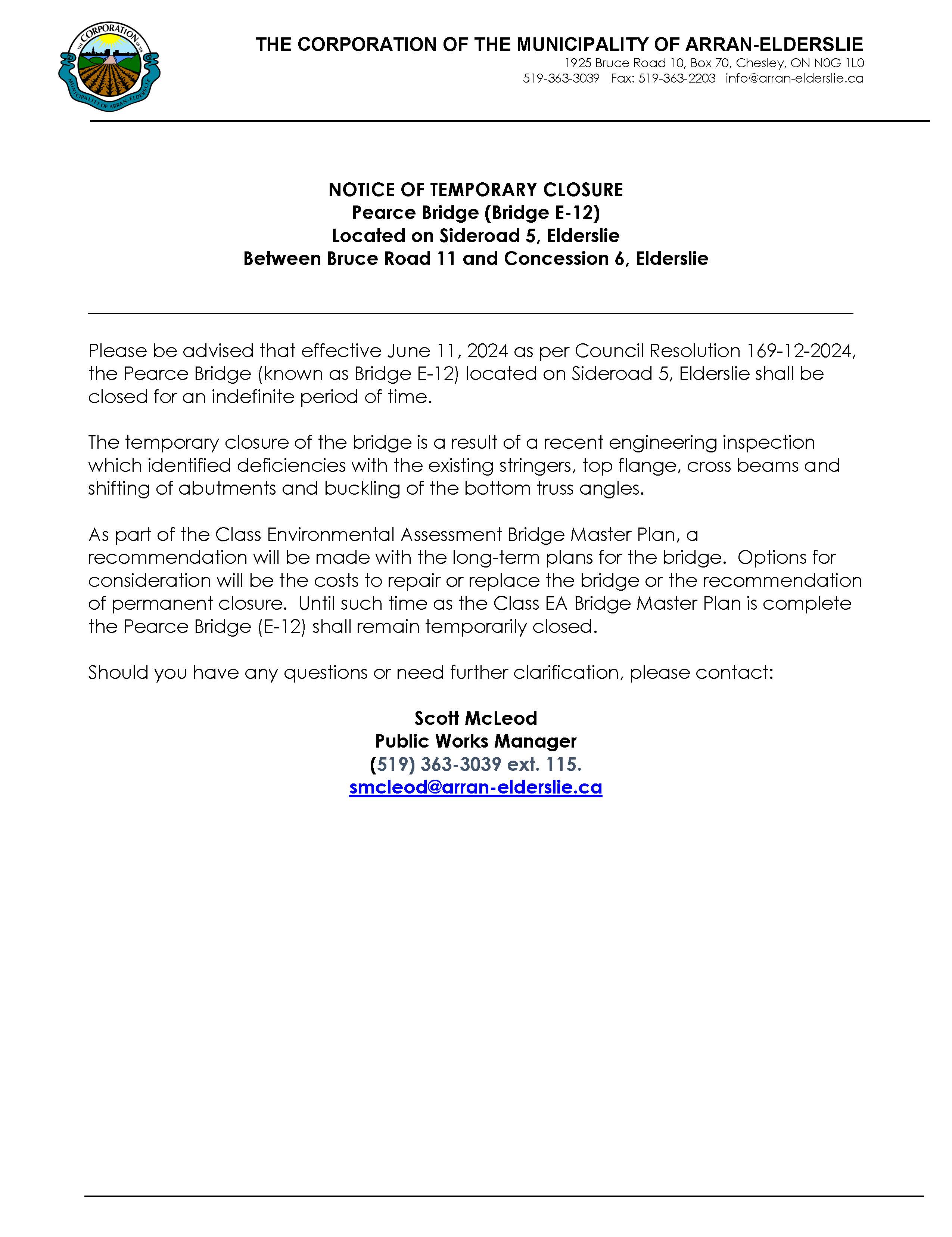 Pearce Bridge Closure Notice 