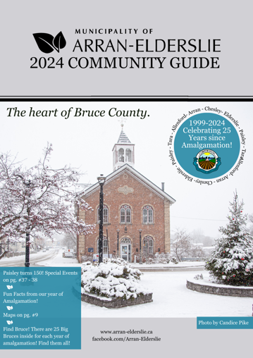 The front cover of the 2024 Arran-Elderslie 2024 Community Guide. The Paisley Legion building in the snow
