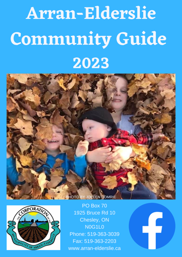 Arran-Elderslie Community Guide 2023 cover. kids in leaves